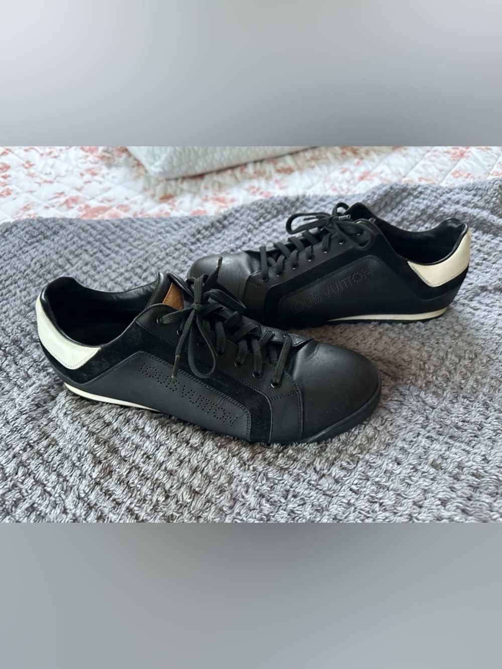 Louis Vuitton Black Leather Low-Top Sneakers with White Heel Panel